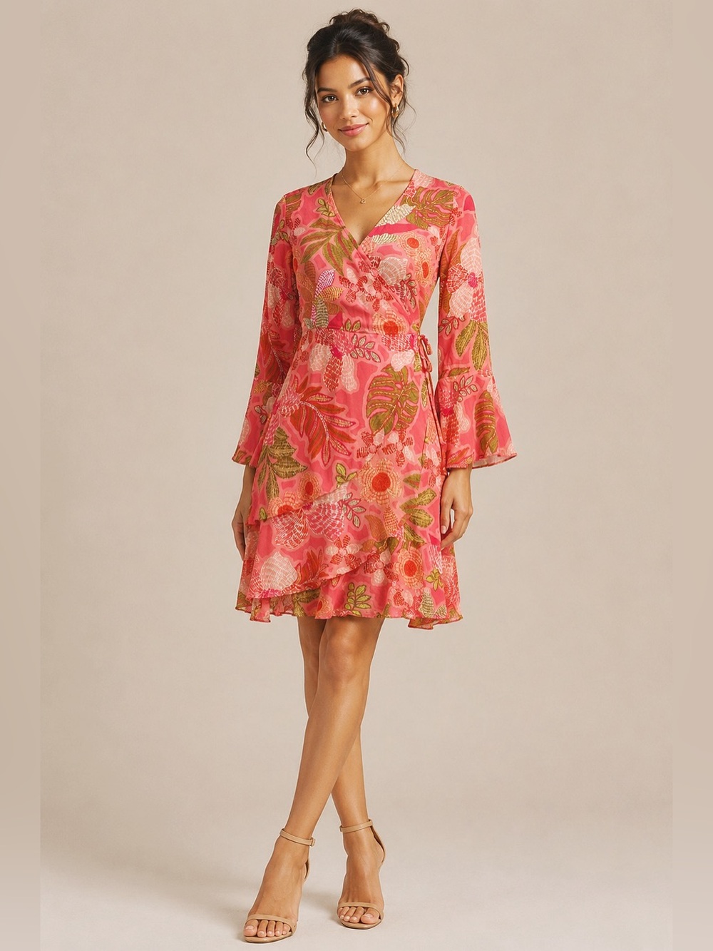 Spartina 449 Millie Floral Ruffle Wrap Dress Bell Sleeve Pink XXS